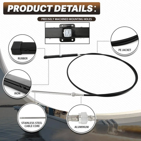 Close-up of 15 Foot Mechanical Rack And Pinion Steering Cable For Back Mount Boats, various parts and materials shown.