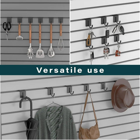 30 Pcs J Shaped Slatwall Hooks for Garage Shop and Home Organization, Heavy Duty Stainless Steel Slatwall Hangers with 5mm Wire, Black Finish, Corrosion Resistant Display Hooks for Tools and Accessories on slatwall with utensils, keys, coat.