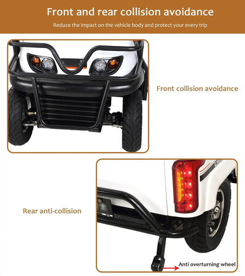Front and rear collision avoidance on the Kick Back And Roll With This Hella Durable Electric Golf Cart featuring a robust 800 Watt motor.