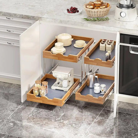 The Real Deal Heavy Duty Two Tier Pull Out Cabinet Organizer With Super Smooth Gliding Wood Shelves To Max Out Your Kitchen Pantry Space For Pots Pans Appliances And Groceries with wooden shelves and jars.