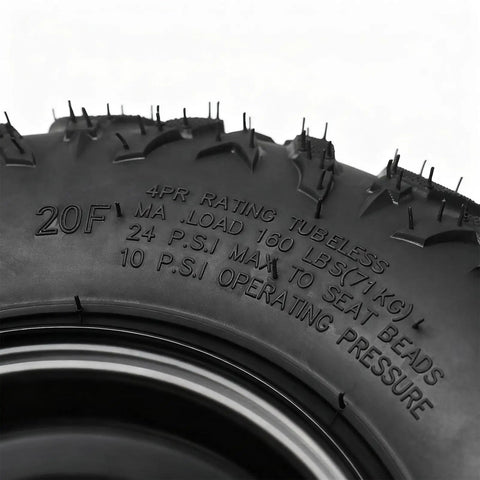 Mud Grinder 2PC 145X70-6 Atv Tire And Wheel Setup Featuring 6 Inch Tubeless Rims showing tire side with load specs and tread.