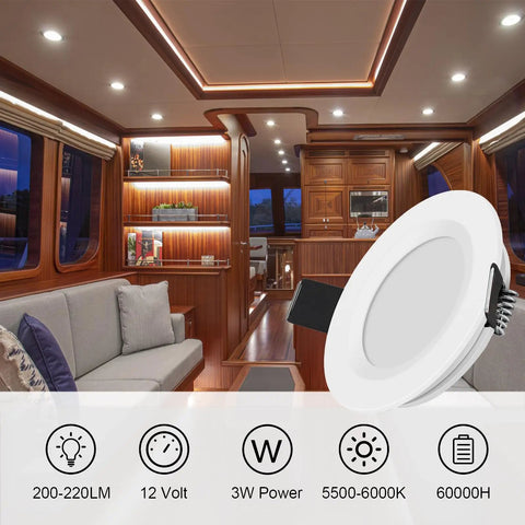 Zero Fuss 12V LED RV Puck Lights Six Pack Aluminum recessed ceiling bulbs in a cozy camper interior.
