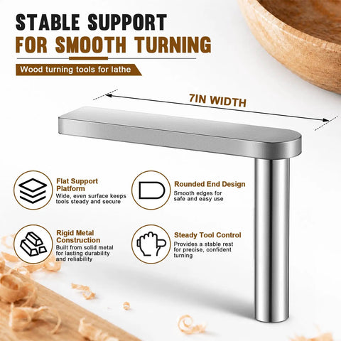 Solid As A Rock Seven Inch Stainless Steel Wood Lathe Tool Rest for Bowl Hollowing, showing 7in width and rounded design.