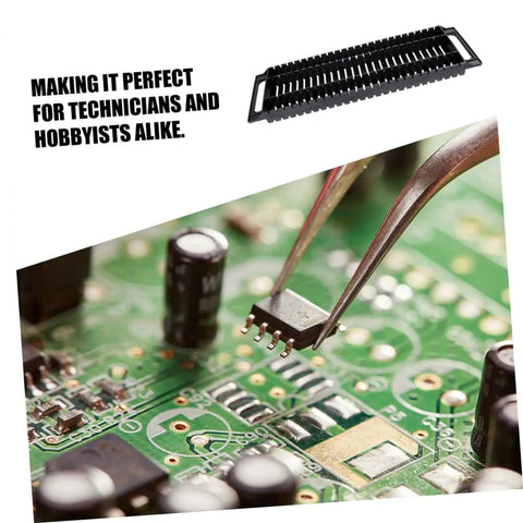 Circuit Board Storage Stand Pack Of 4 ESD Rack Anti Static Shelf PCB Holder with green circuit board and tweezers detail.