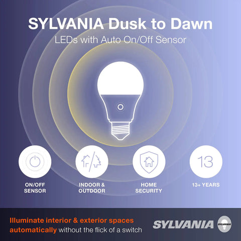 Auto On Off Dusk To Dawn A19 LED Bulb With Light Sensor, 60W Equivalent, 800 Lumens, 2700K Soft White, Low Energy Night Light For Hallways And Exterior, 1 Pack illustration with icons and features.