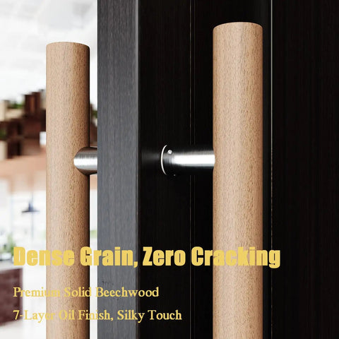 Premium Beech Wood Door Handle Push Pull Bar Featuring Rock Solid 304 Steel Connector For Sauna And Interior Doors No Sweat Setup Heavy Duty 12 Inch H Shape Hardware close-up of beechwood handles