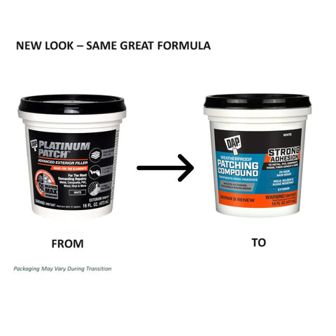 Weatherproof Patching Compound 16oz White For Drywall And Masonry Repairs, DIY Patch Kit new and old packaging comparison