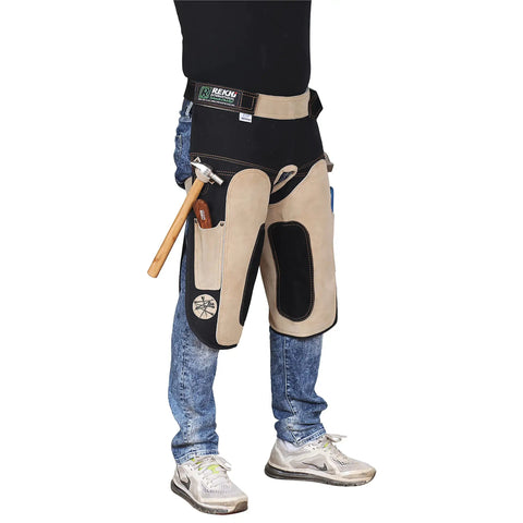 Heavy Duty Farrier Apron Chaps for Men With Cowhide Suede Leather and Canvas 25 Inch Length Showing Hammer Loop