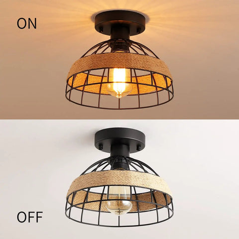 Two Pack Black Industrial Woven Dome Ceiling Light Fixtures With Rattan Shade For Porch Hallway Bedroom Kitchen Farmhouse Style Semi Flush Mount Lighting, Dope Modern Rustic Decor.