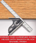 Pro Grade 12 Inch Steel Combo Square With Square Head, Forged Hardened Steel, Reversible Lock Bolt, 4R Graduation on wood surface