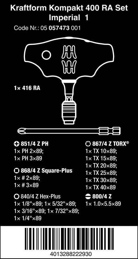 Diagram of Kraftform Kompakt 400 RA Imperial Set 1 T Handle Bit Holder With Ratchet Function And Bit Set 17 Pieces details.