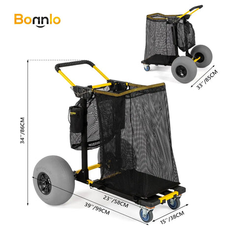 Foldable 2 In 1 Beach Wagon Cart with 12 Inch Balloon Wheels for Sand, mesh bags, hand pump, yellow accents