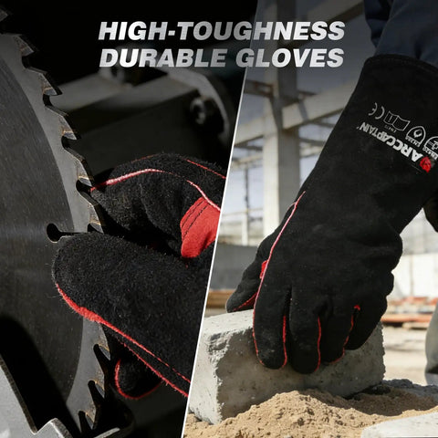 Worker using Leather Forge Welding Gloves 16 Inch Heavy Duty Heat Resistant Up To 662 Degrees Hand Protection for metal cutting and masonry work