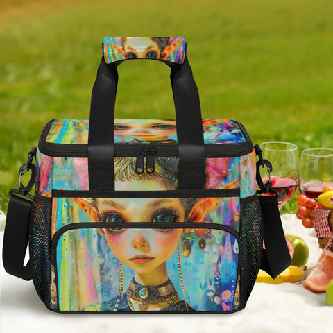 Colorful insulated picnic backpack lunch box tote for women and men, portable lunch bag for beach, vibrant fantasy design
