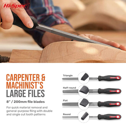 18 Piece Metal Hand And Needle File Set Kit With T12 Carbon Steel Files used on wood, featuring various shapes and handles.