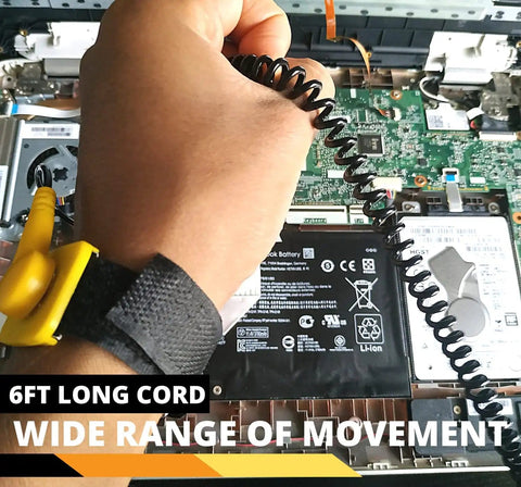 Person using ESD Anti Static Wrist Strap Band Long Earthing Wristband Grounding Bracelet with long cord for electronics repair.