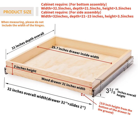 Slick Prebuilt 32 Inch Wide Pull Out Cabinet Drawer With Smooth Soft Close Slide Action Premium Durable Wood Organizer dimensions diagram.