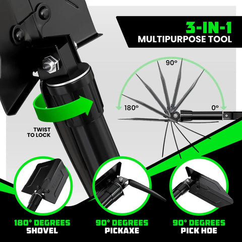 3-in-1 folding survival shovel with pick and hoe adjustments, showing 180° shovel, 90° pick, 90° hoe, heavy duty carbon steel