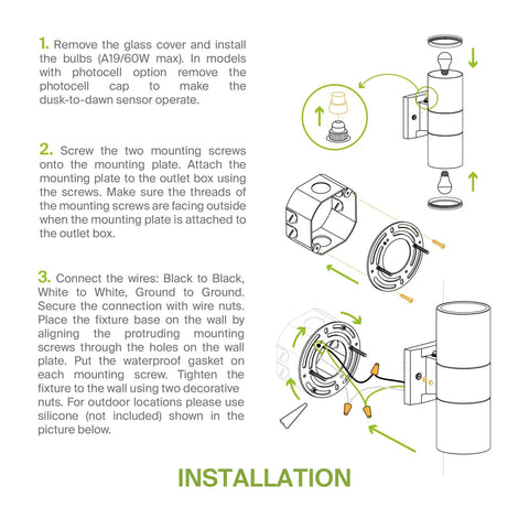 Installation diagram for Two Light Outdoor Wall Light Fixtures Dope Dual Up Down Cylinder Sconce 120V E26 Sockets Weatherproof Steel