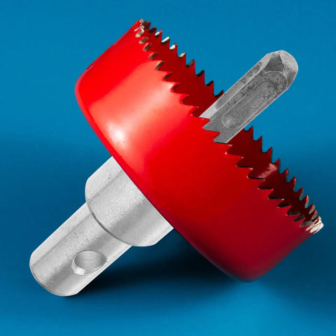 Red Earth Auger Drill Adapter with Four Slot Shank Pro Grade Drill Bit Converter for Garden Diggers on blue background