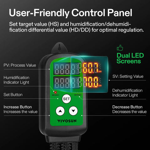 Slick Digital Humidity Controller With Dual Led Displays showing user-friendly control panel for humidifier and dehumidifier settings.