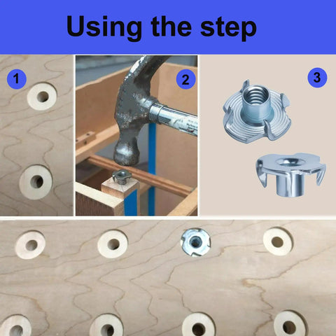 Image showing installation of 100 Pack 1 Quarter Inch 20 T Nuts Zinc Plated Steel Threaded Inserts Five Sixteenth Inch Barrel Length Four Prong Tee Nuts For Wood Cabinets Furniture Climbing Holds Home Outdoor Use Corrosion Resistant with a hammer