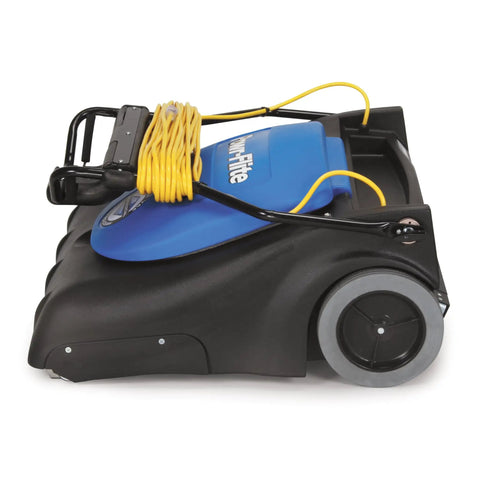 Powr-Flite Industrial Wide Area Carpet Vacuum Cleaner Bagged PF2030, 30 inch, black and blue with power cord, side view.
