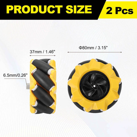 Mecanum wheels for robot cars, yellow 80mm diameter, product size and dimensions in inches and millimeters, 2 pack.