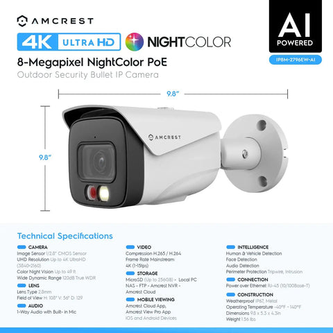 UltraHD 4K IP PoE AI Bullet Camera With 129 Degree Field Of View 49ft Color Night Vision Outdoor Security Cam Human And Vehicle Detection Active Deterrent 4K At 15fps IP8M-2796EW-AI product overview.