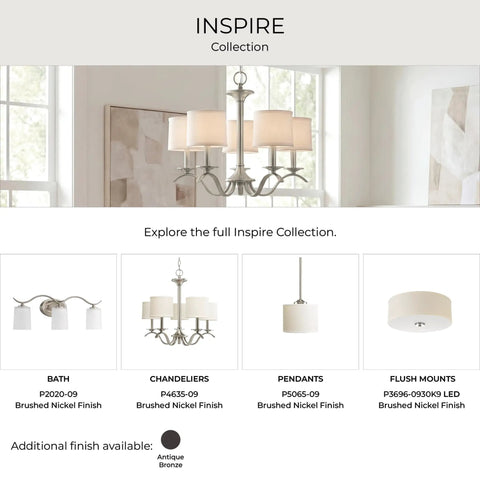 Inspire Collection lineup with Two Light Flush Mount Ceiling Light With Summer Linen Shade In Brushed Nickel Finish visible.