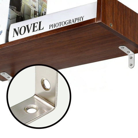 Five Heavy Duty L Shelf Brackets In Premium Stainless Steel For 90 Degree Corner Bracing On Wood Shelves and Furniture built like a tank installed on a shelf.