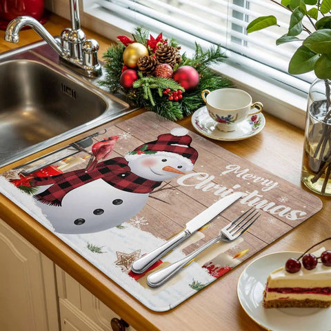 Holiday Themed Snowman Wood Grain Dish Drying Mat Absorbent Microfiber Kitchen Counter Pad 16 By 18 Inches on countertop with decor