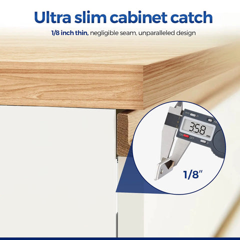 Top Shelf Ultra Thin Cabinet Magnetic Door Catch Stainless Steel Satin Nickel 18 Pack shown measuring 1/8 inch thickness for modern cabinets.
