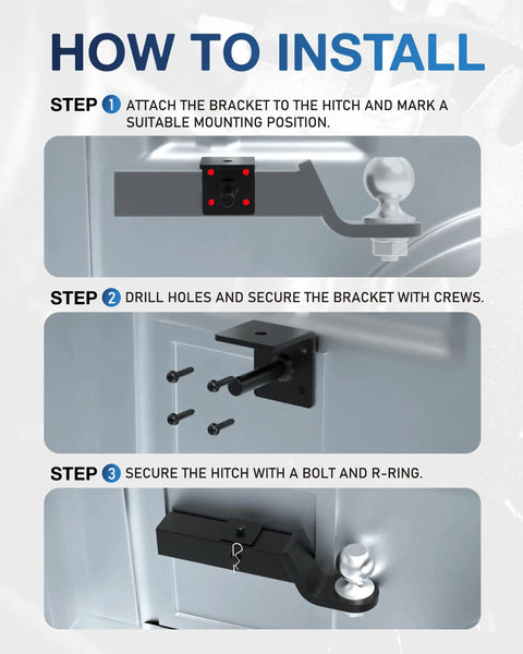 Installation steps for Heavy Duty 2 Inch Receiver Plug For Truck Bed Store Trailer Hitch Securely with bracket and screws.