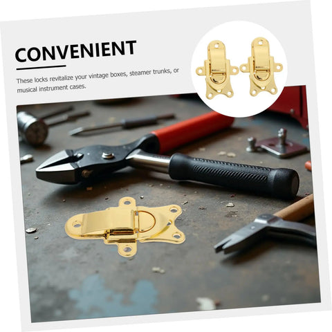 Stylish Vintage Zinc Alloy Duckbill Toggle Latch Set With All Mounting Hardware For Upgrading Wooden Jewelry Boxes And Cabinets In Super Cool Golden Finish You Will Love on a workbench with tools.