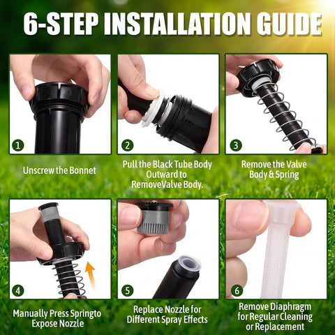 6-step installation guide for Straight Fire 4 Inch Pop Up Sprinkler Heads with images of parts disassembly.