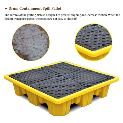 Stackable Industrial Drum Spill Pallet With Drain for garage and workshop use, bright yellow steel tray showing textured surface.