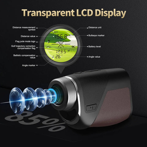 Golf Rangefinder With Slope Compensation And 1200 Yard Range, Compact Leather Exterior Device Packing 6X Magnification, Transparent LCD Display showing distance and battery level.