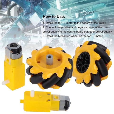 Mecanum Wheel Set For TT Geared Motor Robotic Car Omnidirectional Left And Right Wheels With Rubber Coated Surface on display