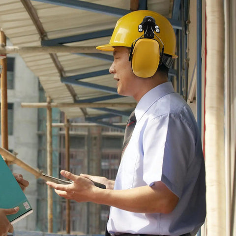 Heavy Duty Hard Hat Earmuffs With Hella Thick Sponge Cushions For Kickass Noise Reduction And Reliable Hearing Protection On Any Big Construction Jobsite Today worn by man in yellow hard hat.