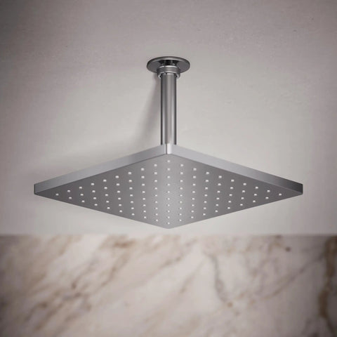 Honesty 10-Inch Rain Showerhead, Single Function, 2.5 GPM, Polished Chrome, Full-Coverage Drench, mounted on ceiling