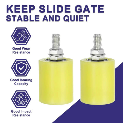 Two yellow nylon rollers with metal threads for Eight Pack Gate Guide Rollers For Sliding Doors 2.36 Inch Nylon Wheel Set.