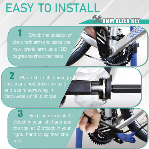 Installation steps for Beefy Aluminum Crank Arm Set For E Bikes And Mountain Rigs, showing crank arm attachment.