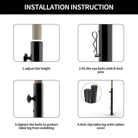 Installation instructions for Heavy Duty Table Leg Extenders For Folding Tables featuring height adjustment and stabilization.