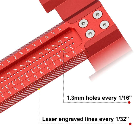 Close-up of red Pro Grade Woodworking Scriber T-Square Ruler 12in with laser-engraved lines and 1.3mm holes every 1/16 inch.