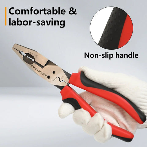 8.5 Inch 7 In 1 Linesman Pliers Set With Wire Cutter Stripper Crimper Bolt Extractor Reamer And Screw Shearing for Electricians held in gloved hand