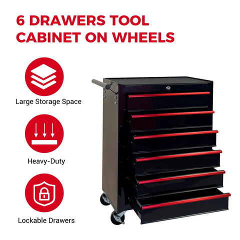 Heavy Duty Rollin Tool Chest With Six Slick Ball Bearing Glides And Scratch Proof Steel Worktop Featuring Locked Swivel Casters For Easy Shop Or Job Site Haulin In Tough Black Powder Coat with six drawers and wheels.