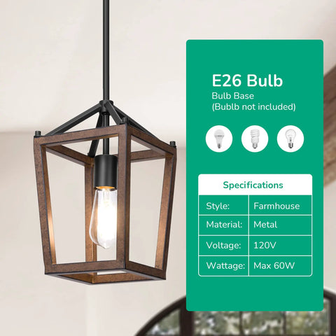 Farmhouse Pendant Light For Kitchen Island One Light Rustic Wood Cage Fixture With Brown Finish Specification Details