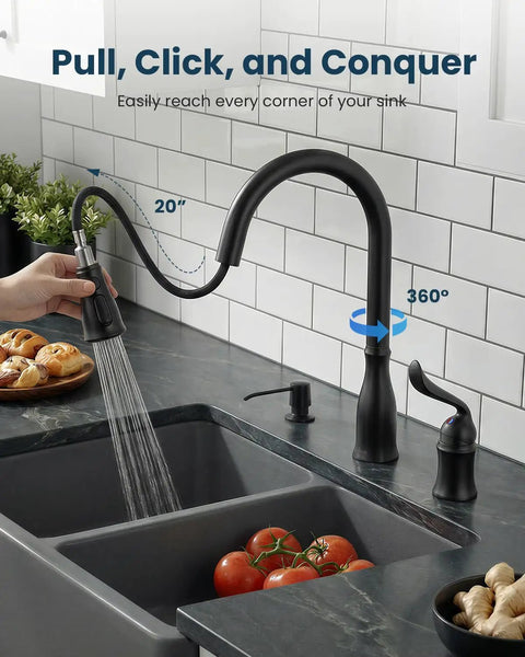 3 Hole Matte Black Kitchen Faucet With Pull Down Sprayer, Soap Dispenser, And Separate Handle installed on modern countertop