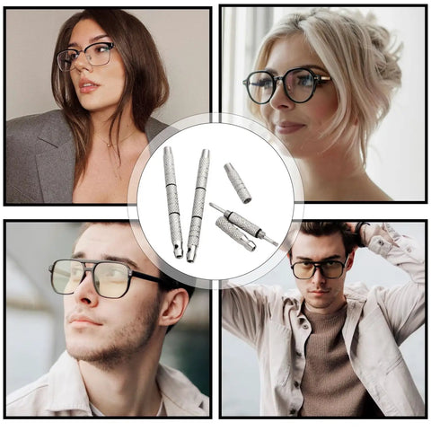 Collage featuring Two Pack Handy Mini Eyeglasses Screwdriver Set 4 In 1 Repair Tool with Hex Phillips Flat Torx Heads Knurling